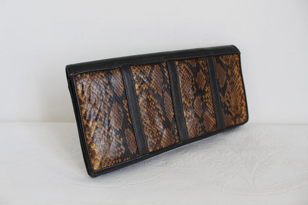 GENUINE SNAKE SKIN LEATHER CLUTCH BROWN