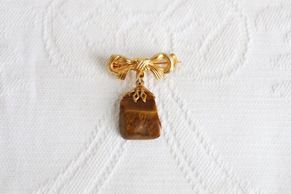 VINTAGE TIGERS EYE STONE BOW BROOCH