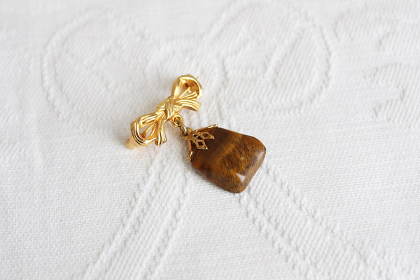 VINTAGE TIGERS EYE STONE BOW BROOCH