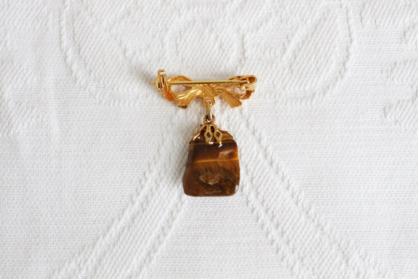 VINTAGE TIGERS EYE STONE BOW BROOCH