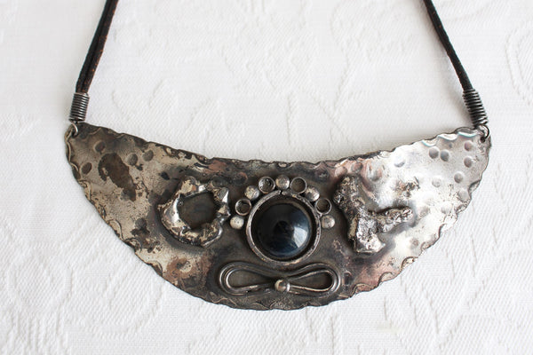 VINTAGE HAND CRAFTED LEATHER METAL NECKLACE