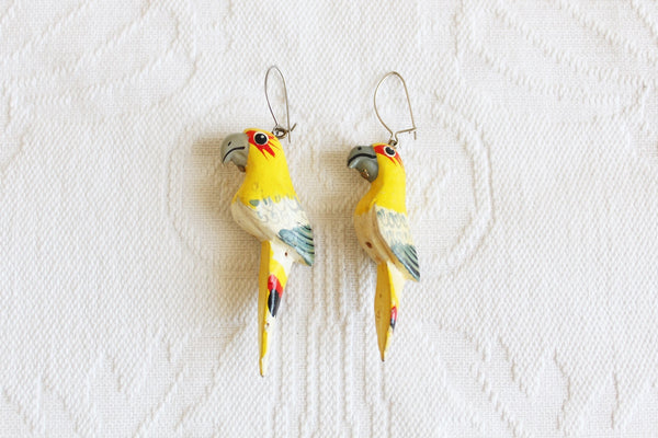 VINTAGE HAND PAINTED PARROT EARRINGS YELLOW