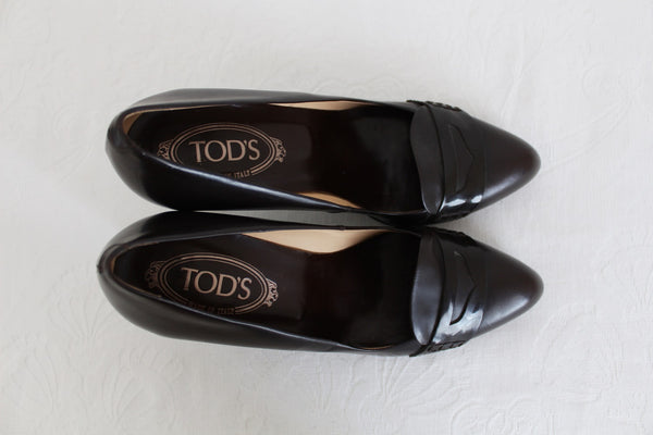 TOD'S LEATHER LOAFER HEELS BROWN - SIZE 7