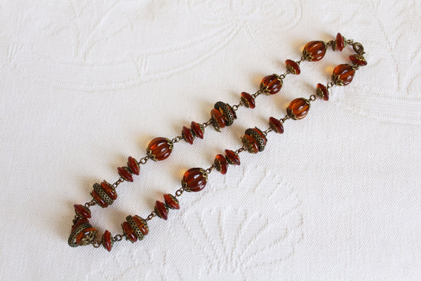 VINTAGE AMBER GLASS BEADED CHOKER NECKLACE