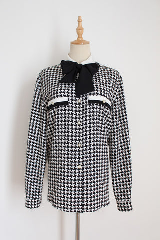 VINTAGE HOUNDSTOOTH PUSSYBOW BLOUSE - SIZE 14