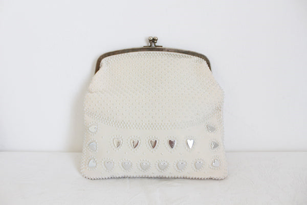 VINTAGE HEART BEADED CLUTCH BAG SILVER WHITE
