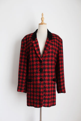 VINTAGE HOUNDSTOOTH BLAZER BLACK RED - SIZE 12