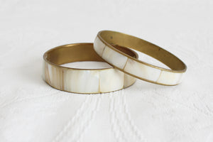 PAIR OF VINTAGE MOTHER OF PEARL BRASS BANGLES