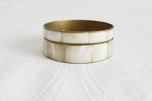 PAIR OF VINTAGE MOTHER OF PEARL BRASS BANGLES