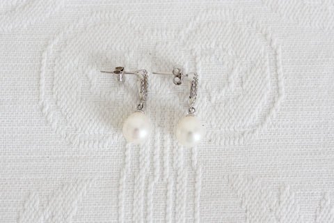 PEARL CZ STERLING SILVER DROP EARRINGS