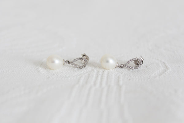PEARL CZ STERLING SILVER DROP EARRINGS