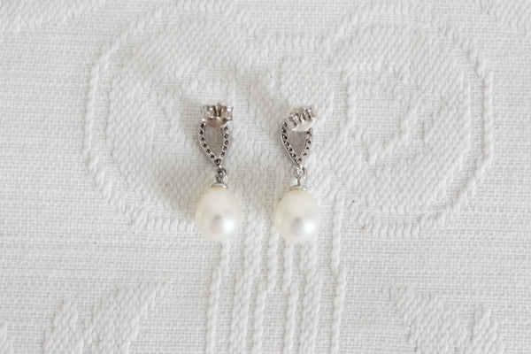 PEARL CZ STERLING SILVER DROP EARRINGS