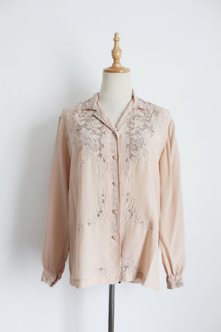 100% SILK VINTAGE PEONY EMBROIDERY BLOUSE - SIZE 10