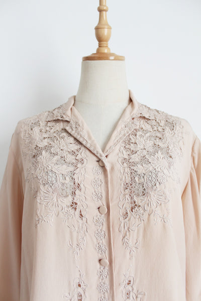 100% SILK VINTAGE PEONY EMBROIDERY BLOUSE - SIZE 10
