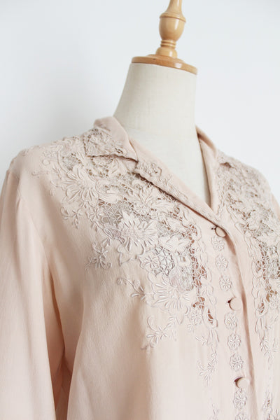 100% SILK VINTAGE PEONY EMBROIDERY BLOUSE - SIZE 10