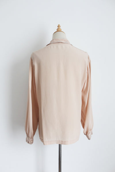 100% SILK VINTAGE PEONY EMBROIDERY BLOUSE - SIZE 10