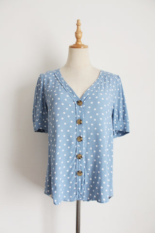 FOREVER NEW POLKA DOT BLOUSE BLUE - SIZE 10