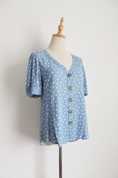 FOREVER NEW POLKA DOT BLOUSE BLUE - SIZE 10