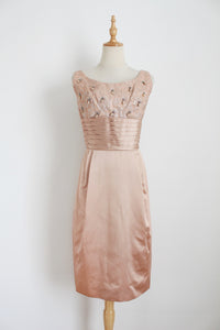 VINTAGE SATIN BEADED COCKTAIL DRESS PINK - SIZE 6