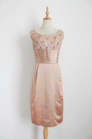 VINTAGE SATIN BEADED COCKTAIL DRESS PINK - SIZE 6