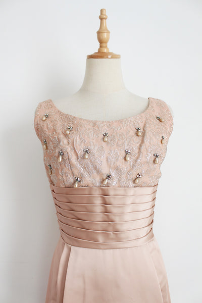 VINTAGE SATIN BEADED COCKTAIL DRESS PINK - SIZE 6