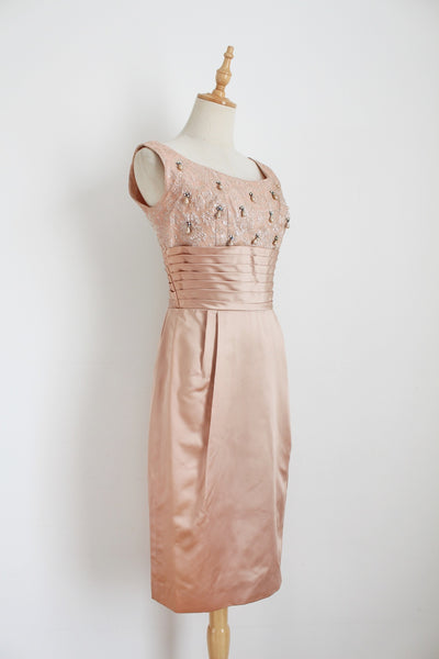 VINTAGE SATIN BEADED COCKTAIL DRESS PINK - SIZE 6