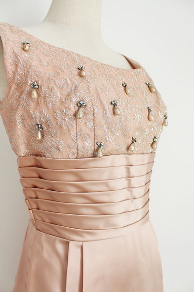 VINTAGE SATIN BEADED COCKTAIL DRESS PINK - SIZE 6