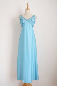 VINTAGE BEADED MAXI EVENING DRESS BLUE - SIZE 6