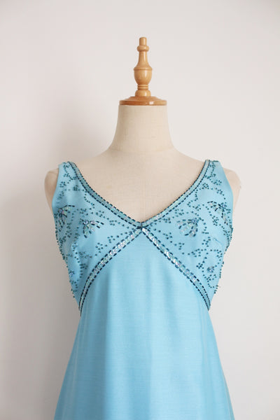 VINTAGE BEADED MAXI EVENING DRESS BLUE - SIZE 6