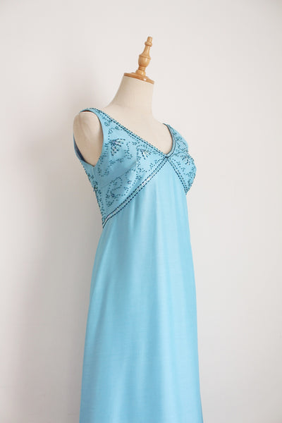 VINTAGE BEADED MAXI EVENING DRESS BLUE - SIZE 6
