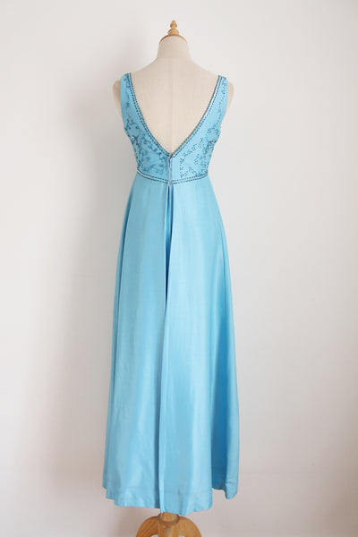 VINTAGE BEADED MAXI EVENING DRESS BLUE - SIZE 6
