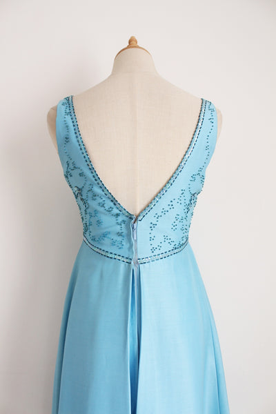 VINTAGE BEADED MAXI EVENING DRESS BLUE - SIZE 6