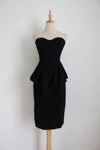 VINTAGE RUCHED PEPLUM DRESS BLACK - SIZE 12