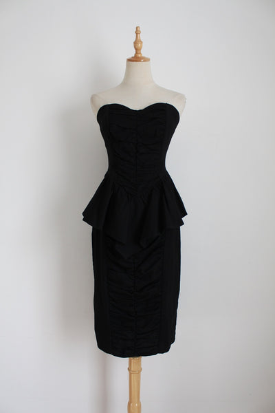 VINTAGE RUCHED PEPLUM DRESS BLACK - SIZE 12