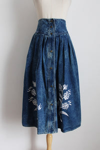 VINTAGE DENIM EMBROIDERED BUTTON DOWN SKIRT - SIZE 12