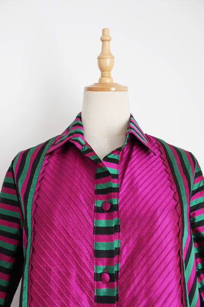 100% THAI SILK STRIPED SHIRT PINK GREEN - SIZE 8
