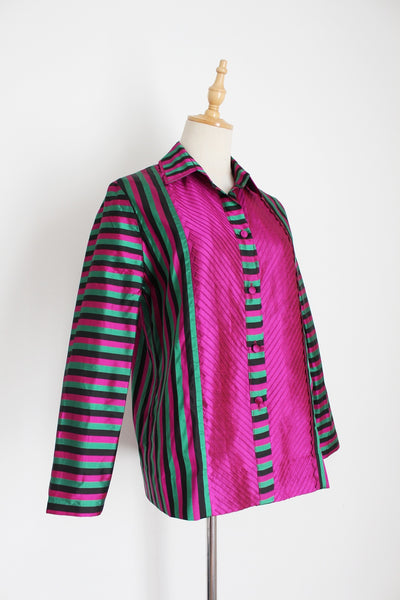 100% THAI SILK STRIPED SHIRT PINK GREEN - SIZE 8