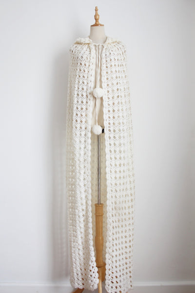 VINTAGE CROCHET KNIT HOODED CAPE - SIZE S