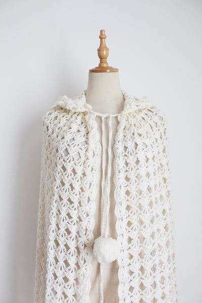 VINTAGE CROCHET KNIT HOODED CAPE - SIZE S