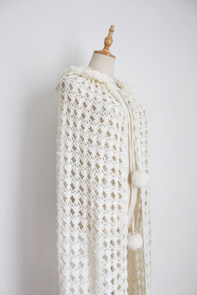 VINTAGE CROCHET KNIT HOODED CAPE - SIZE S
