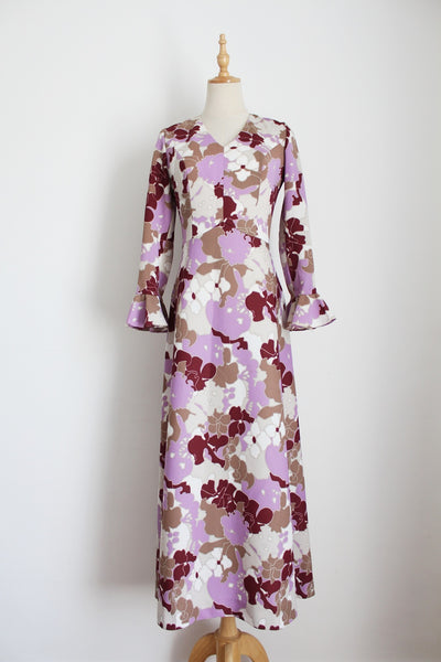 VINTAGE FLORAL FLARED SLEEVE MAXI DRESS - SIZE 6