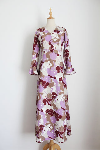 VINTAGE FLORAL FLARED SLEEVE MAXI DRESS - SIZE 6