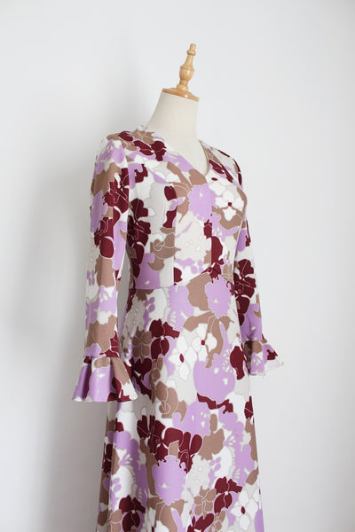 VINTAGE FLORAL FLARED SLEEVE MAXI DRESS - SIZE 6