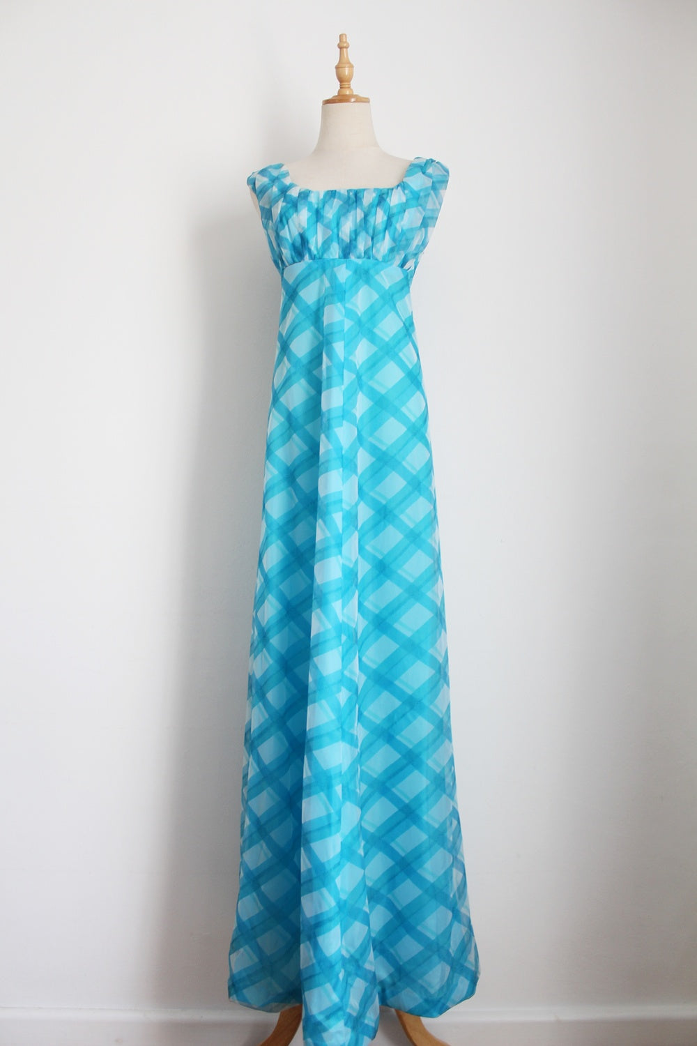 VINTAGE PLAID CHECK EMPIRE MAXI DRESS BLUE - SIZE 10