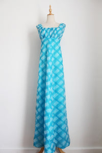 VINTAGE PLAID CHECK EMPIRE MAXI DRESS BLUE - SIZE 10