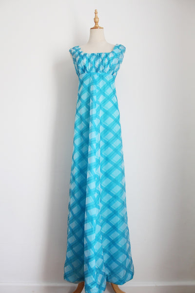 VINTAGE PLAID CHECK EMPIRE MAXI DRESS BLUE - SIZE 10