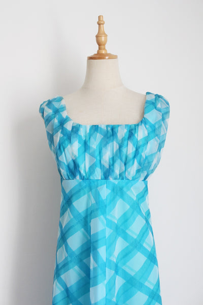 VINTAGE PLAID CHECK EMPIRE MAXI DRESS BLUE - SIZE 10