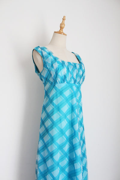 VINTAGE PLAID CHECK EMPIRE MAXI DRESS BLUE - SIZE 10