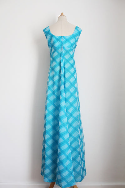 VINTAGE PLAID CHECK EMPIRE MAXI DRESS BLUE - SIZE 10