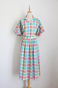 VINTAGE PLAID CHECK BELTED DRESS - SIZE 18